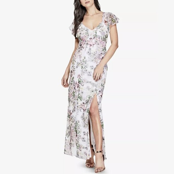 Guess White & Pink Floral Flutter Sleeve Maxi Dress w/ Slit Spring Party - Picture 1 of 12